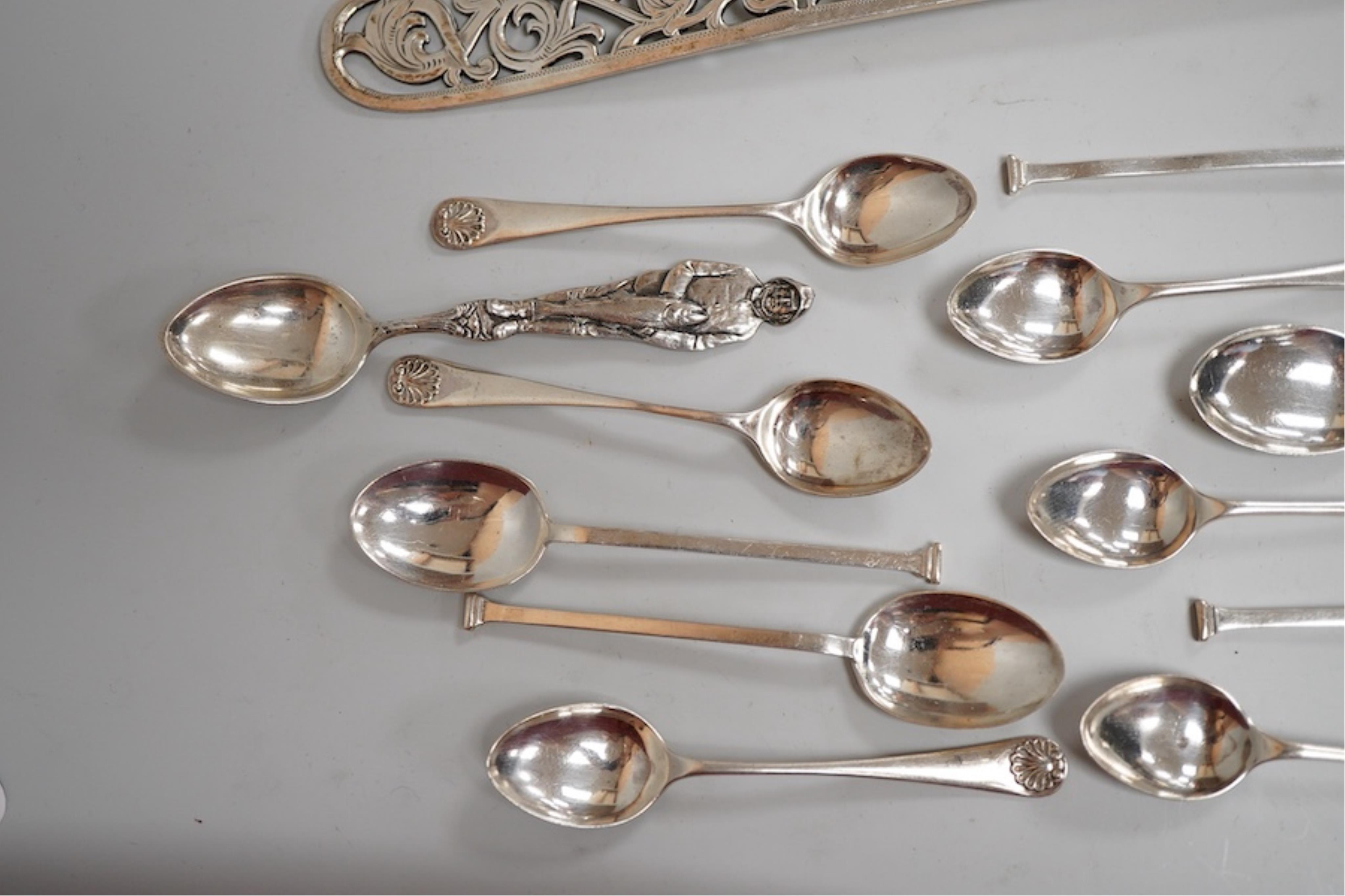 Two silver condiments and two sterling condiments, together with a set of six George V Old English and shell pattern coffee spoons by William Hutton & Sons Ltd, Sheffield, 1933, seven other items of assorted silver flatw